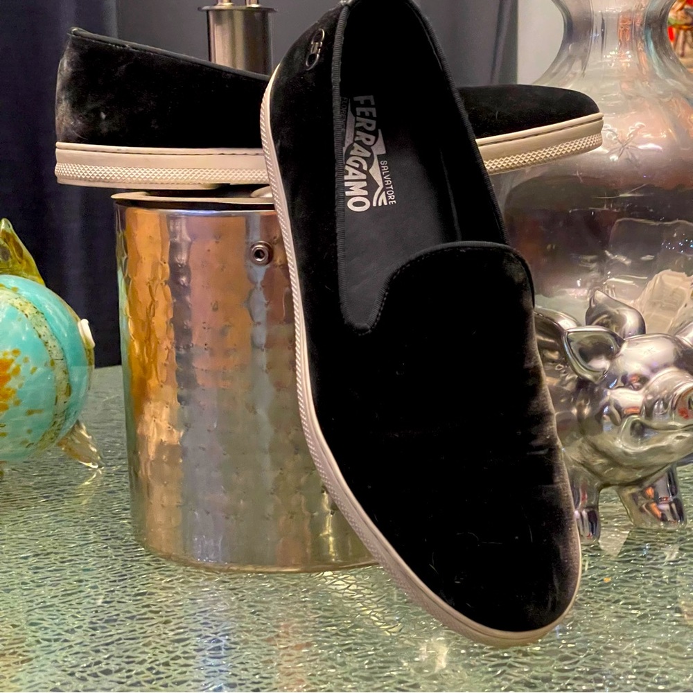 Salvatore Ferragamo Leblanc Velvet Smoking Slip-on Sneaker In Dark Silver.Size 9